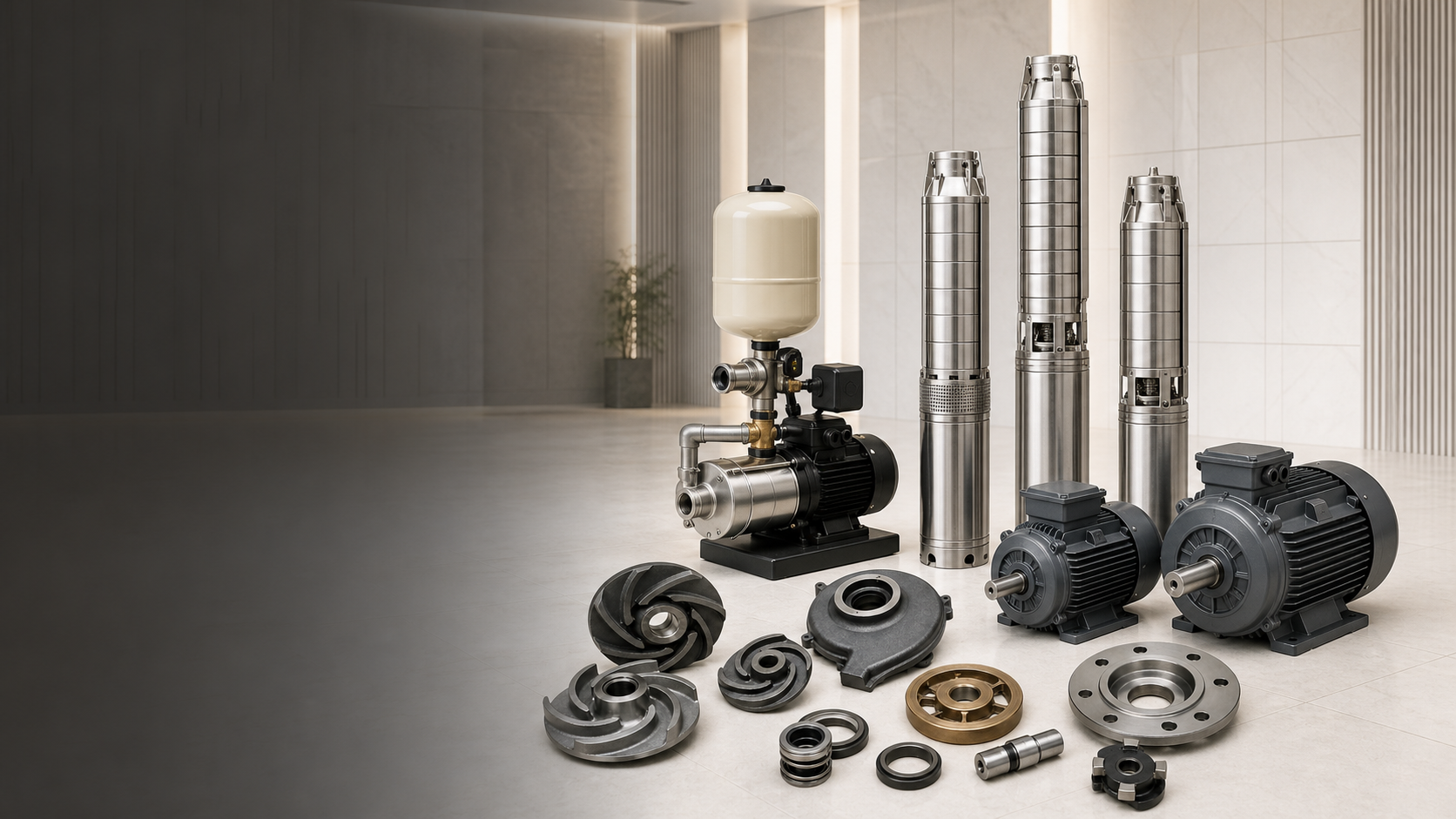 Submersible pumps, pressure booster system, electric motors and pump spares